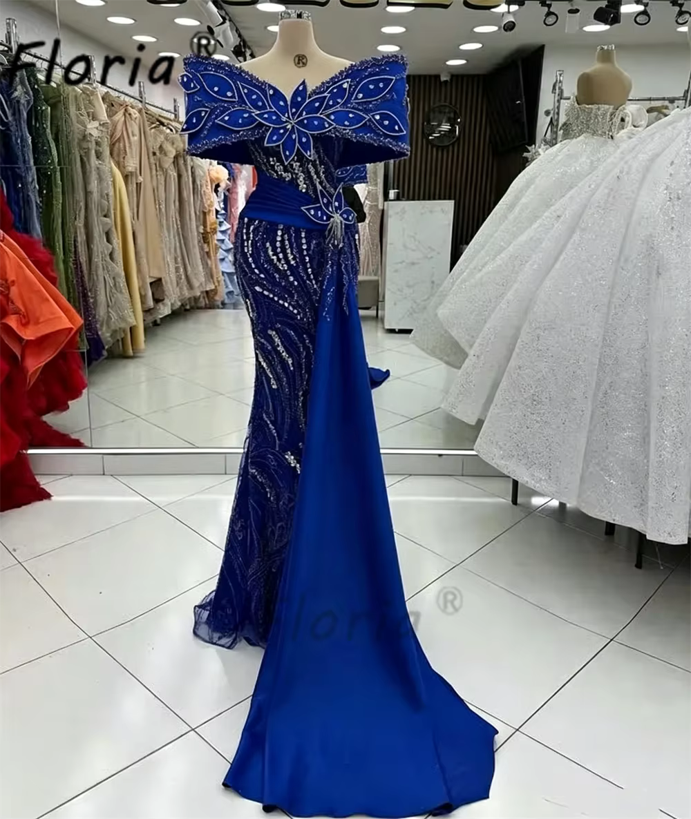 Floria – robe de soirée bleue élégante, style sirène, avec perles argentées, appliques 3D, robes d'é