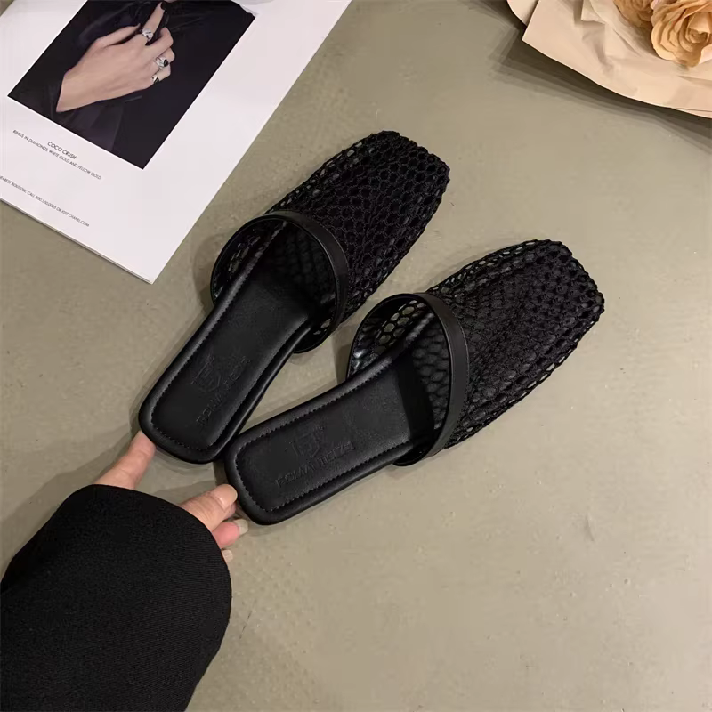 Pantoufles d'été en maille sexy pour femmes, mules d'intérieur et de maison, pantoufles carrées, cha