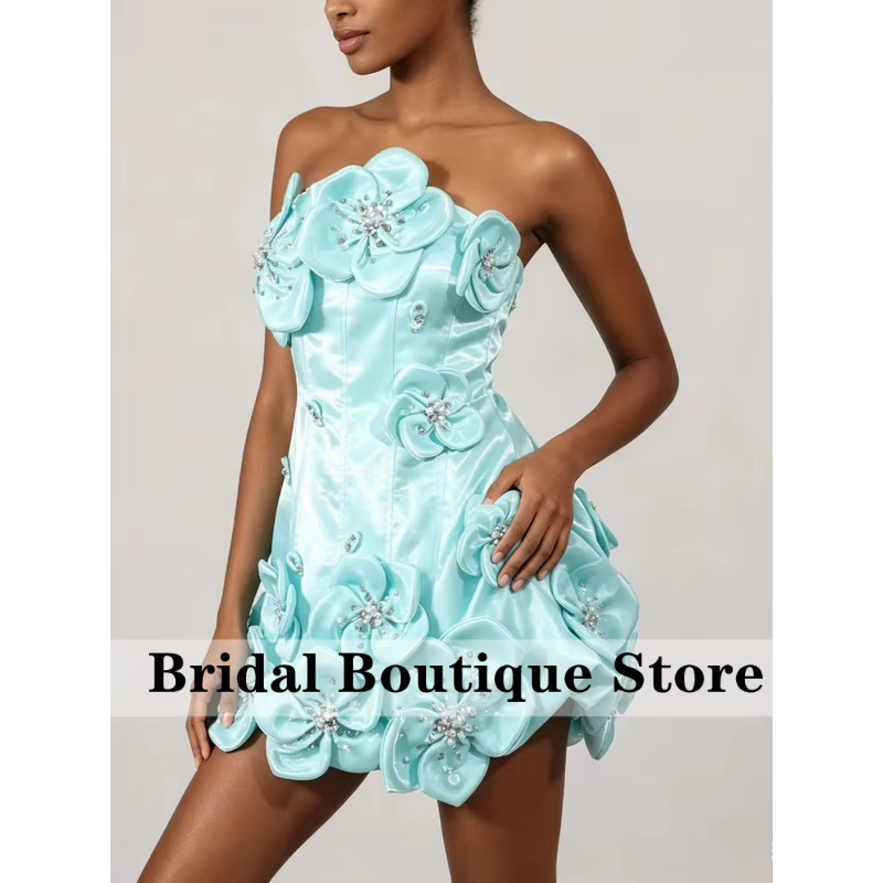 Robe de soirée bleue amincissante à fleurs, sans bretelles, sans manches, élégante, pour cocktail, m