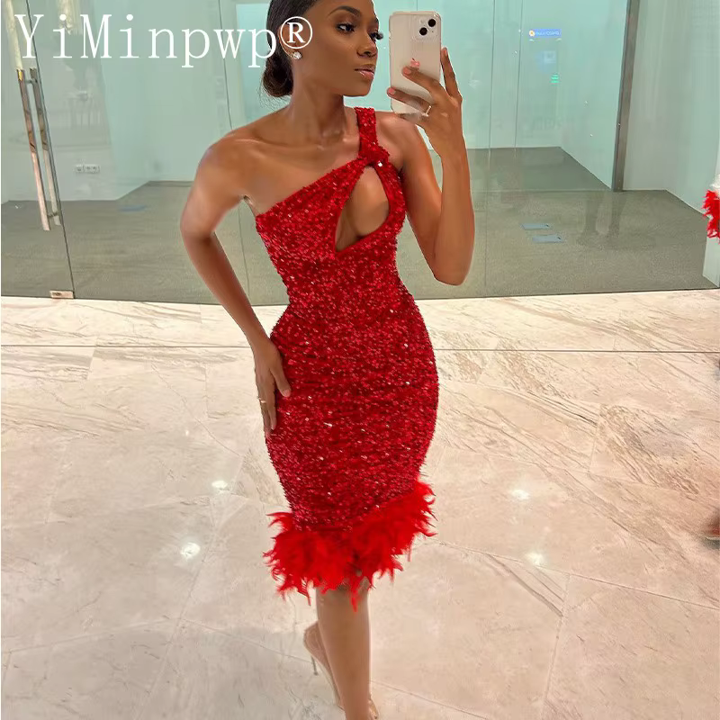 Robe de Cocktail Rouge à Paillettes, Tenue de ixd'Anniversaire à Plumes, Longueur aux Genoux, Person