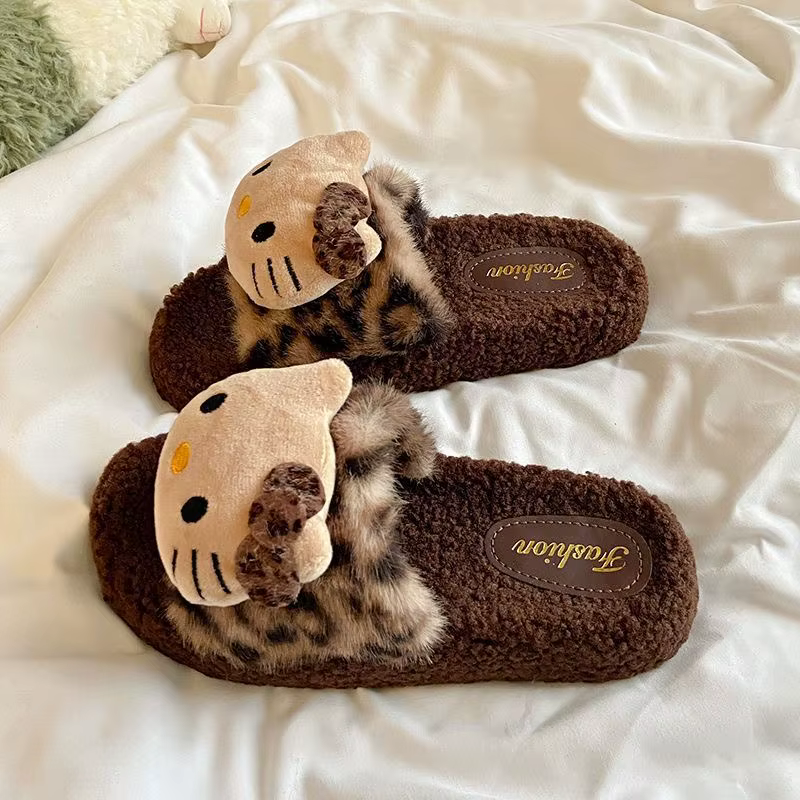 Hello Kitty – pantoufles en fourrure imprimé léopard, pantoufles d'intérieur confortables et antidér