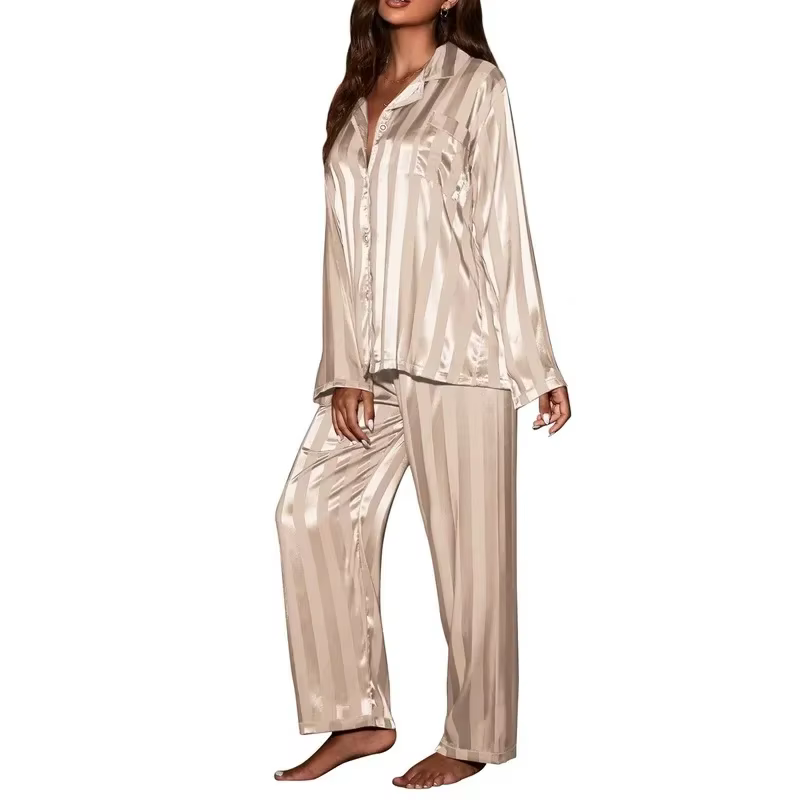 Ensemble de pyjama rayé pour femme, pyjama en satin de soie française uni, ensemble deux pièces, pyj
