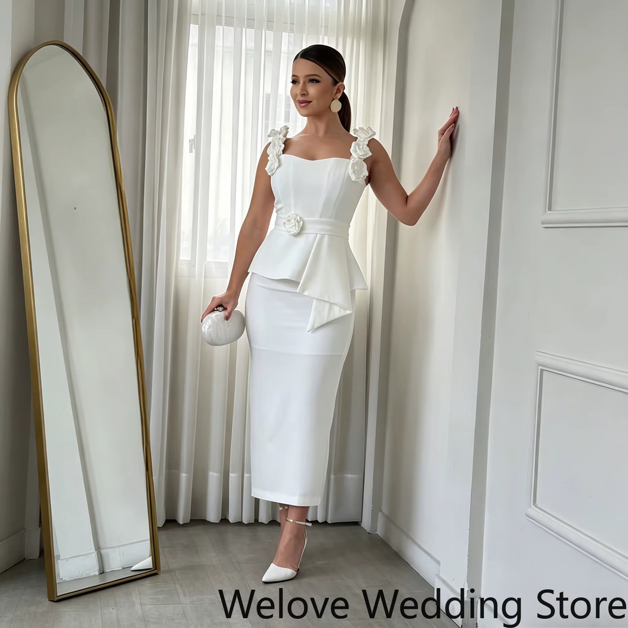 Robe de cocktail blanche élégante personnalisée pour invitées de mariage, décorée de fleurs 3D, bret