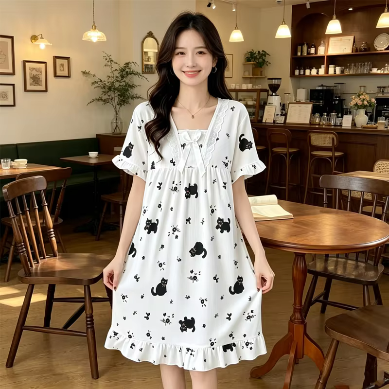 Chemise de nuit pour femme à manches courtes, motif dessin animé, style décontracté et doux, en soie