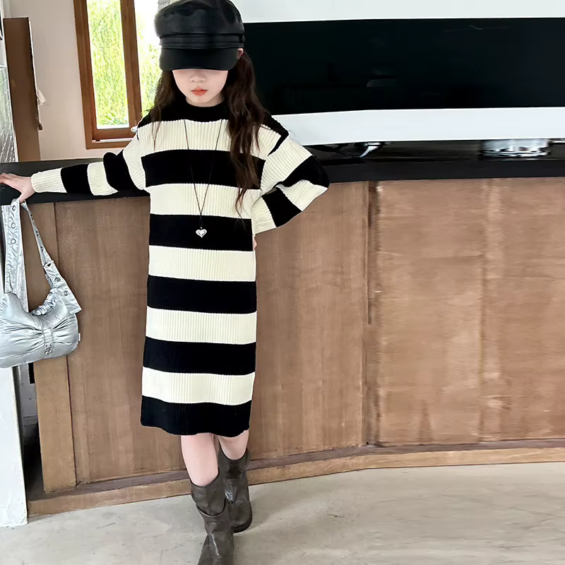 Robe pull pour bébé fille, Style français, manches longues, tricotée, robes rayées pour enfants de 5
