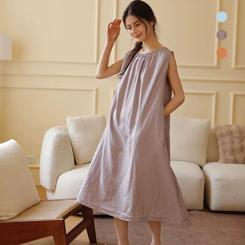 Vêtements de maison d'été en coton Double couche de gaze, sans manches, Long gilet, chemises de nuit