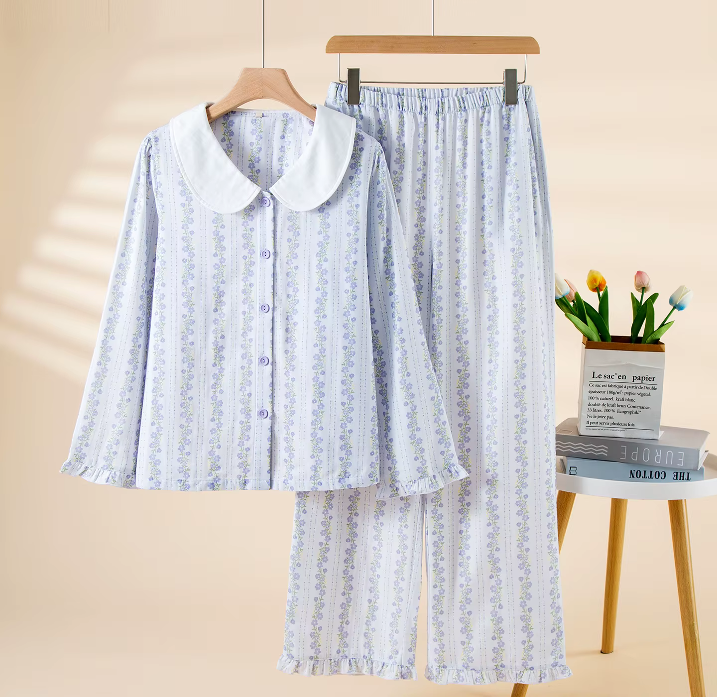 Cottagecore ensemble pyjama pour femmes 100% coton imprimé fleuri à manches longues vêtements de nui