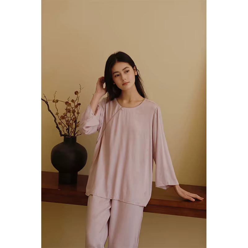 2025 Satin couleur unie Jacquard Antique pull pyjama ensemble femmes à manches longues pantalon col