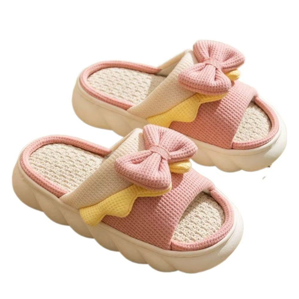 1 paire antidérapant nœud papillon femme lin pantoufles semelle épaisse orteil et trou nœud papillon