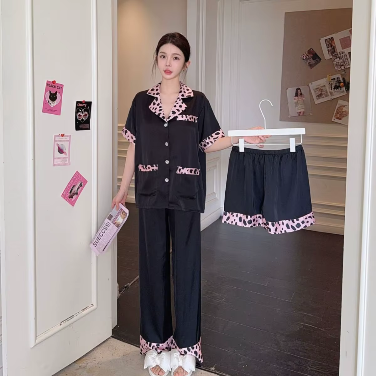 Pyjama léopard pour femmes, ensemble trois pièces, vêtements de détente, chemise à manches courtes, 