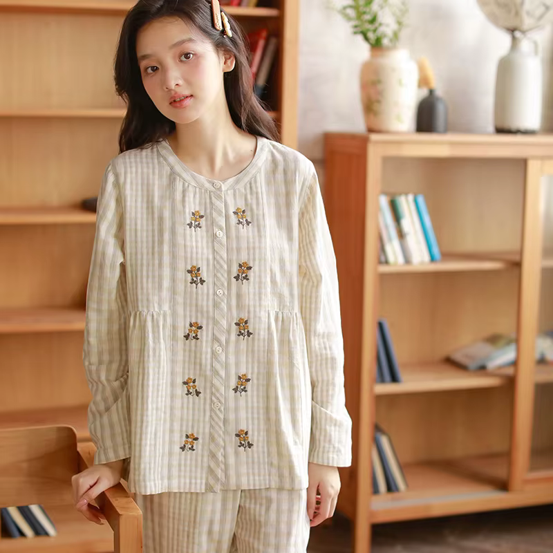 Pyjama à carreaux Preppy pour femmes, imprimé Floral, doux, vêtements de détente pour étudiantes, 10