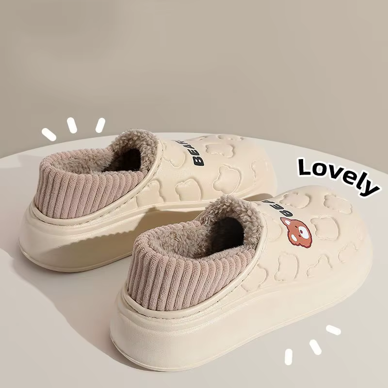 Pantoufles en coton imperméables ours mignon pour femmes, diapositives antidérapantes légères et cha