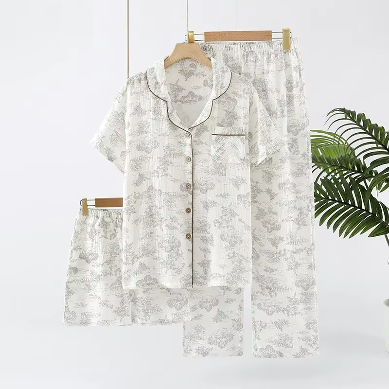 Pyjama d'été 3 pièces en coton pour femmes, haut à manches courtes + short fj+, vêtements de maison,