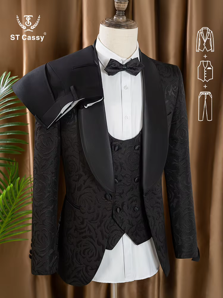 Ensemble 3 pièces pour marié, costume homme (veste + gilet + pantalon), col châle blanc, coupe slim 