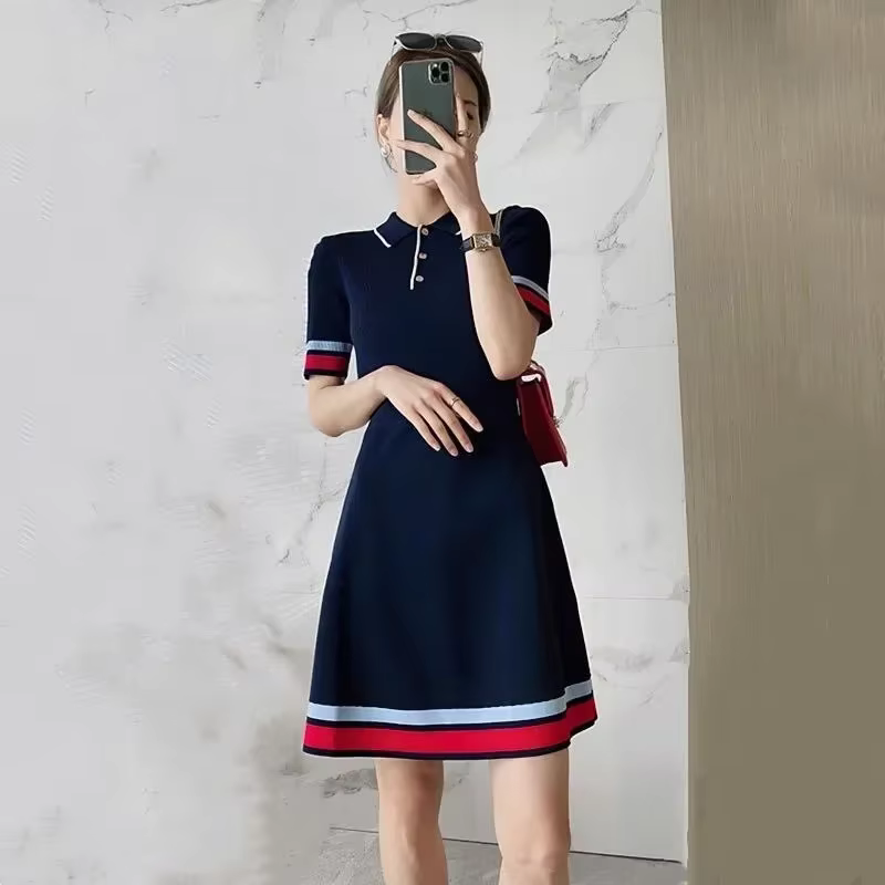 Robes en tricot à col polo pour femmes, manches courtes, mince, robe de soirée élégante, décontracté
