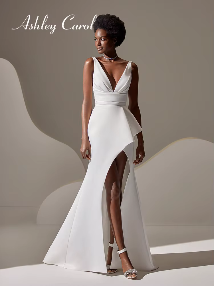 Ashley Carol-Robes de mariée sirène pour femmes, robes de mariée sexy à col en V profond, cuisse hau