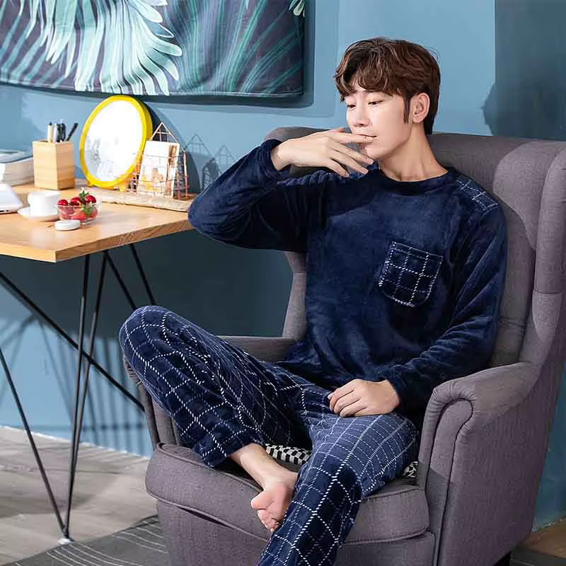 Pyjama rembourré épais et chaud à manches longues pour homme, vêtement de maison en molleton de cora