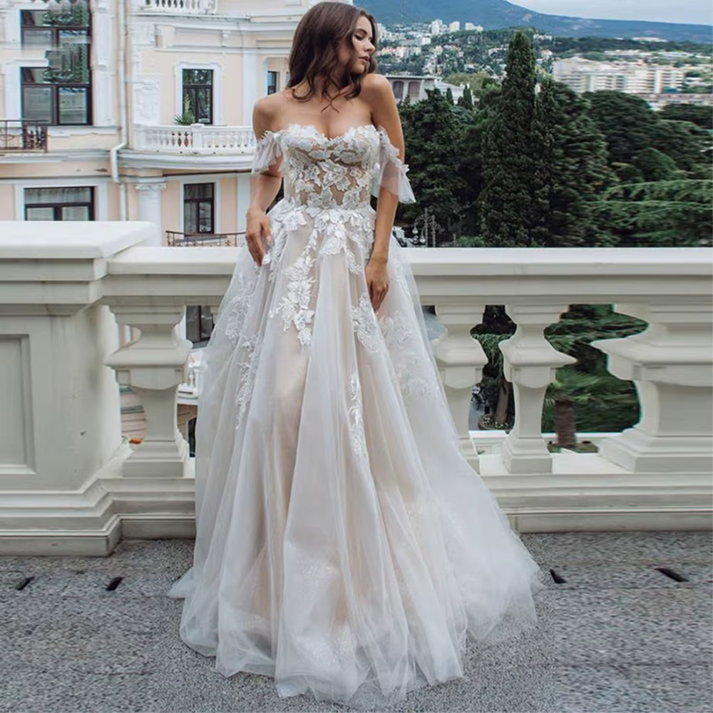 Robes de mariée trapèze personnalisées, épaules dénudées, doublure Champagne, Appliques en Tulle, sa