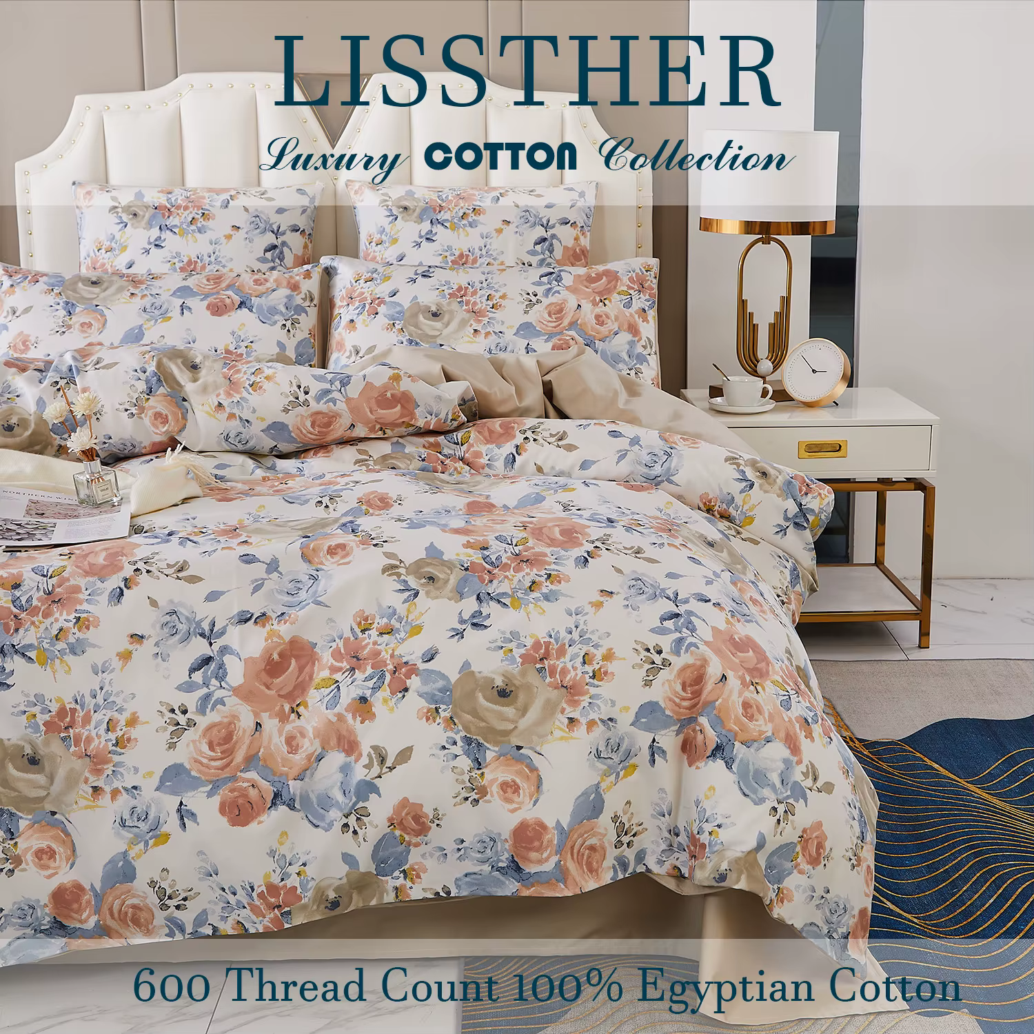 Ensemble de housse de couette 3 pièces 600TC 100% coton égyptien, imprimé Floral de jardin Vintage, 
