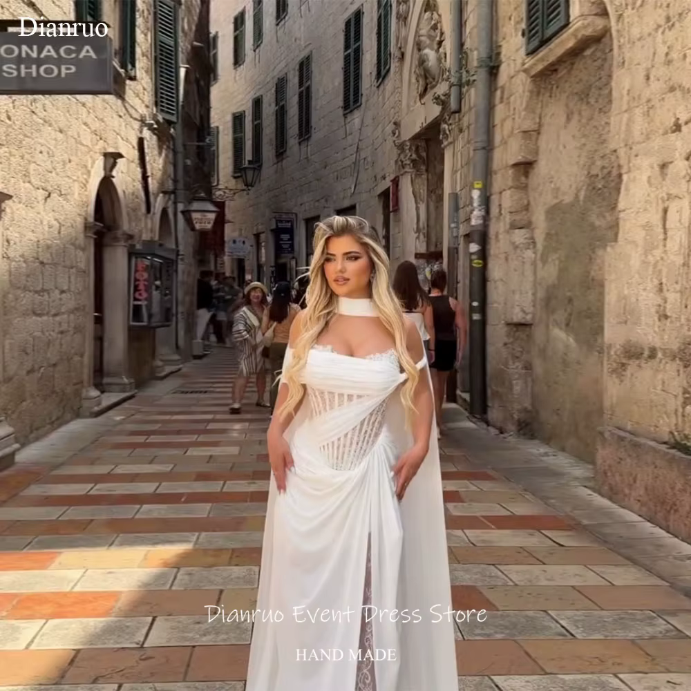 Robe de mariée de luxe Dianruo en mousseline drapée, fente haute, épaules dénudées, avec rubans, rob