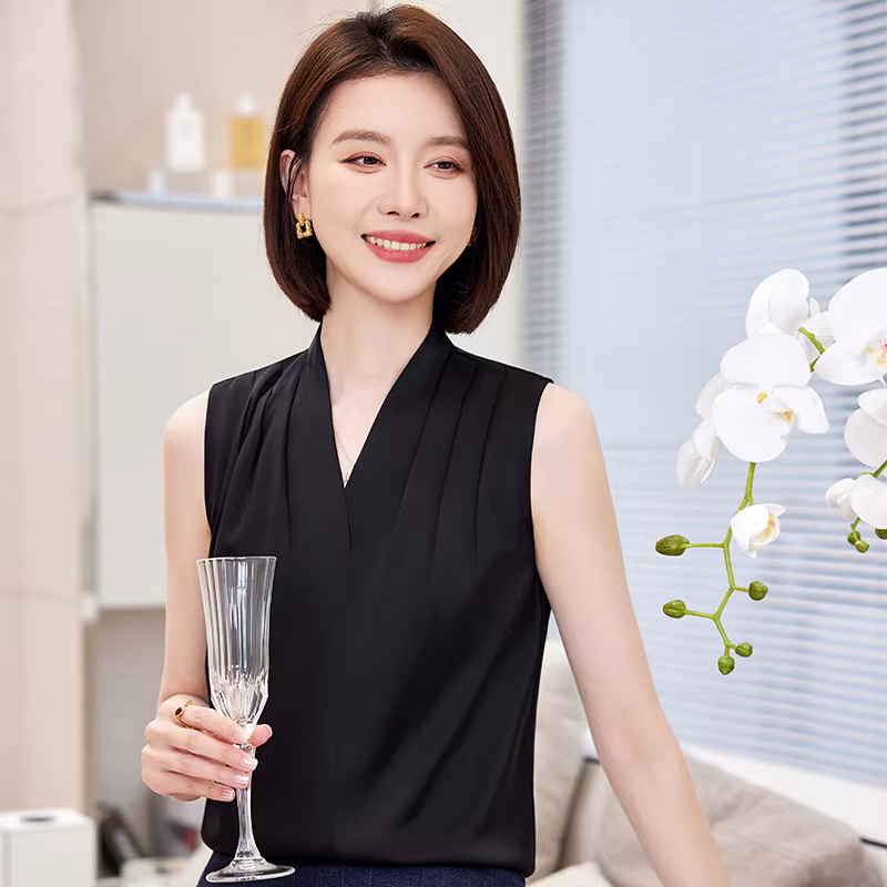 NAVIU-Chemisiers en satin à col en V pour femmes, chemise en fibre blanche, haut en mousseline de so