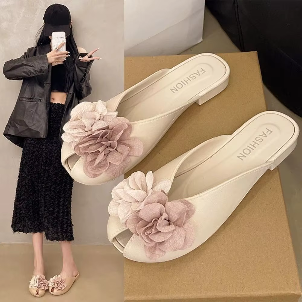 Pantoufles pour femmes à fleurs 3D, style français doux, sandales de plage d'été, pantoufles à plate