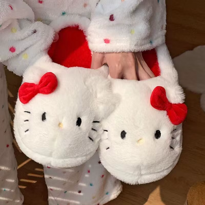 Mignonnes pantoufles en coton Hello Kitty, pantoufles d'intérieur en peluche, pantoufles d'automne e