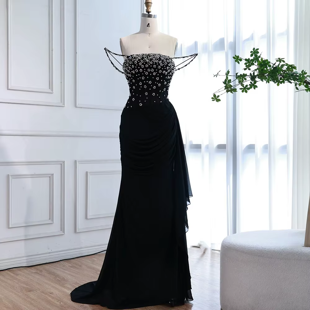 Robe de bal sirène noire de luxe, avec bretelles Spaghetti, robe de styliste perlée, Serene Hill, pe