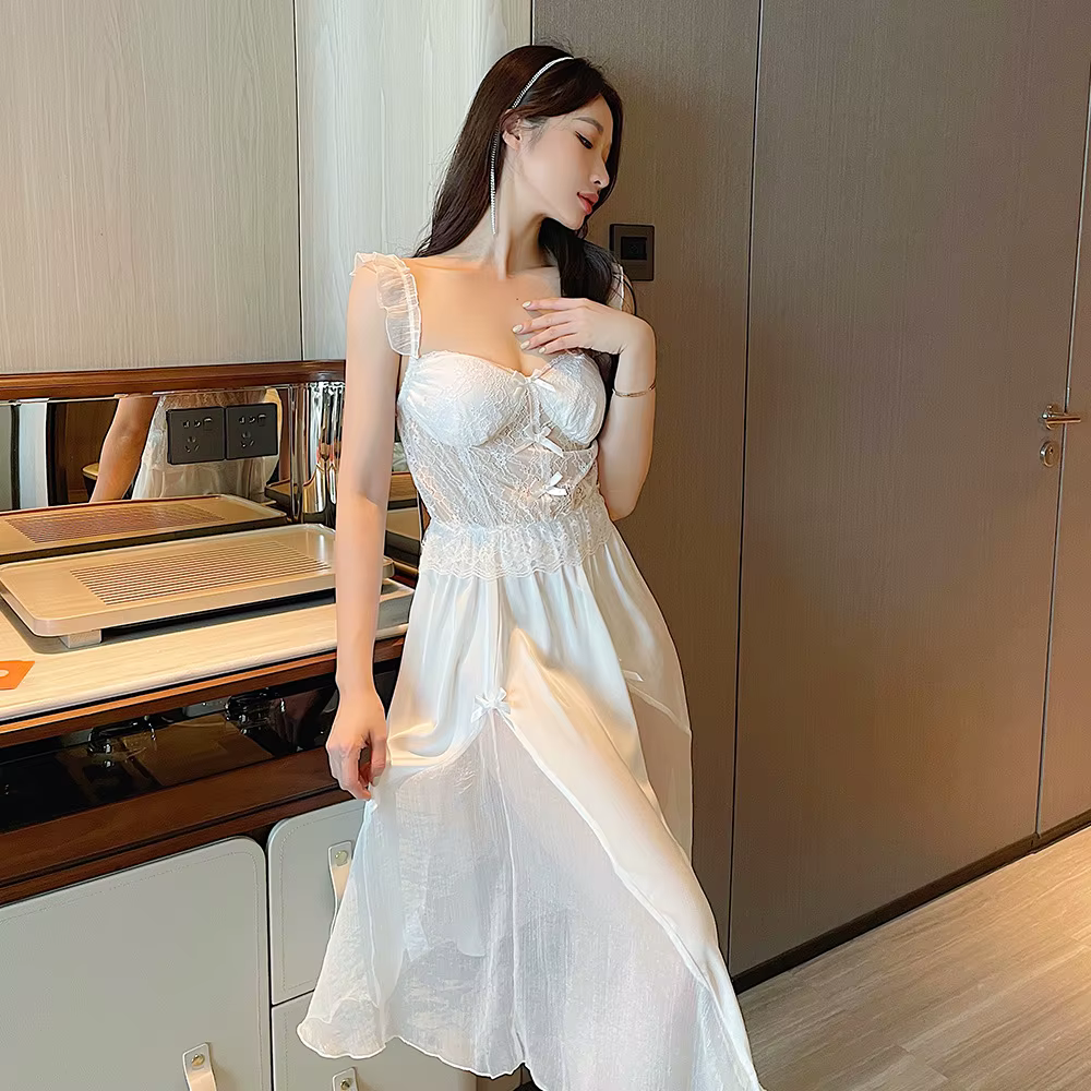 Sexy longue mariage Twinset Robe ensemble chemise de nuit Patchwork dentelle jarretelle chemise de n