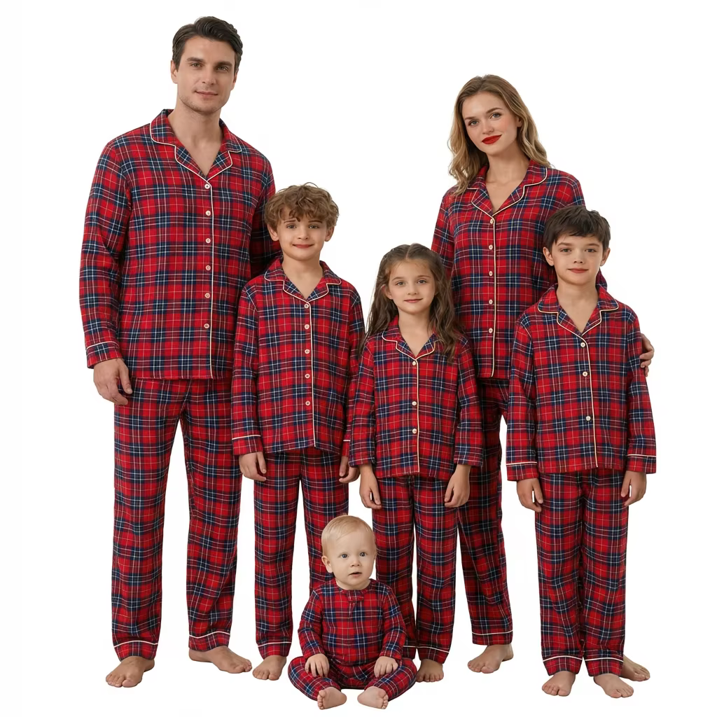 Ensemble pyjama familial joyeux Noël, imprimé à carreaux, tenues assorties pour adultes et enfants, 