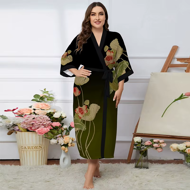 Printemps automne nouvelle Robe longue pour femmes Homewear imprimé fleur Kimono peignoir Robe vêtem