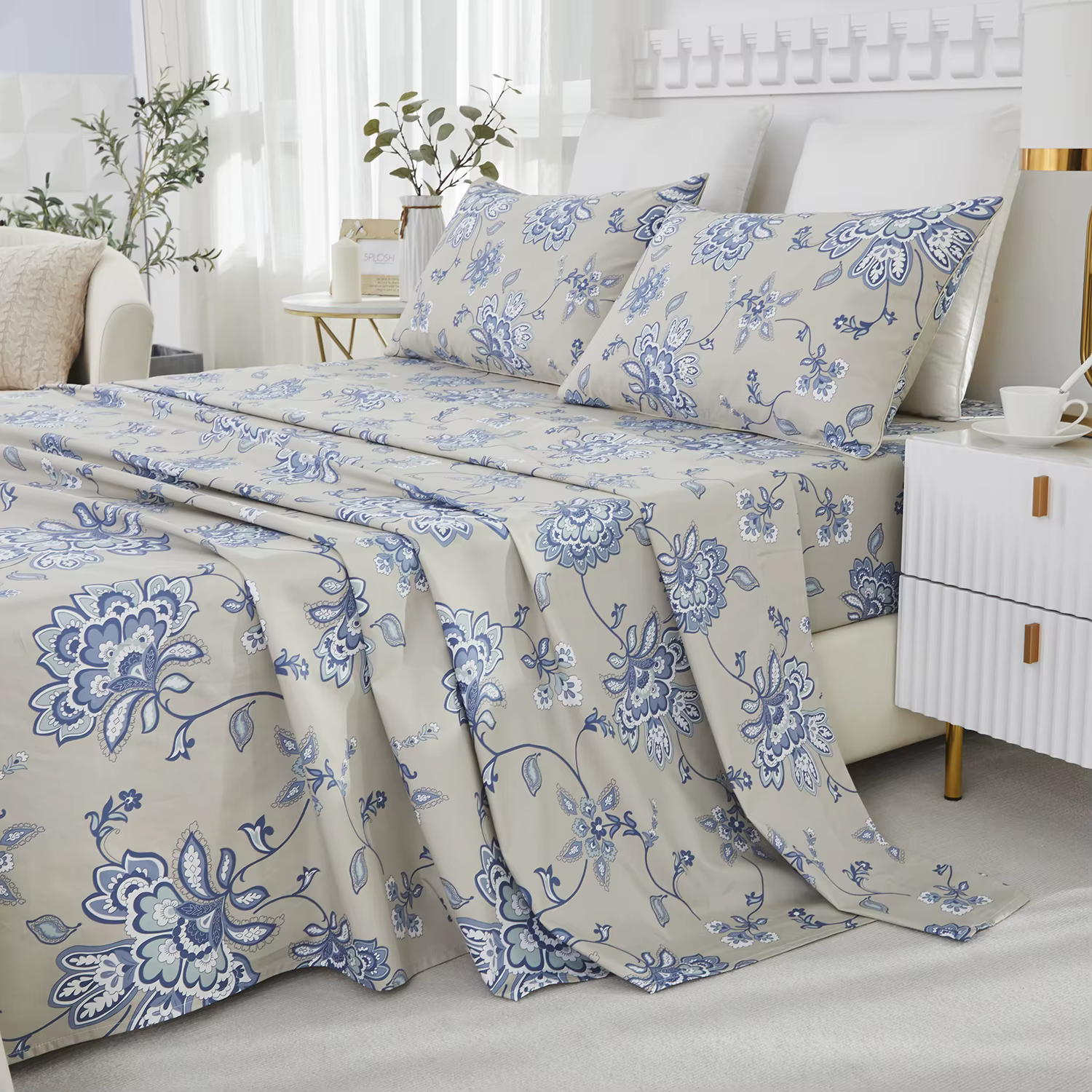 Ensemble de draps en coton égyptien 100% 600TC, 4 pièces, motif Paisley damassé bleu Boho, doux pour