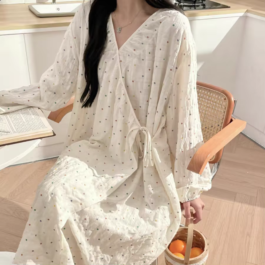 Robe Kimono pour femmes, chemise de nuit à pois, manches longues, vêtements de maison, pyjama, linge