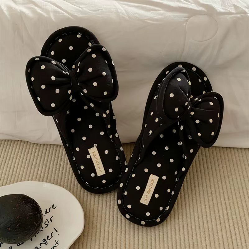 XIXITIAO Chaussons d'intérieur pour femmes, mode décontractée, en coton, avec nœud, à pois, chaussur