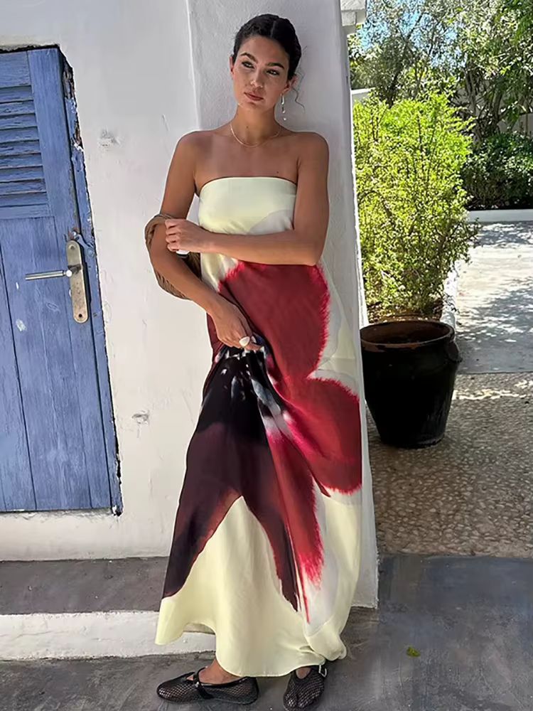 Robe Maxi jaune sans bretelles pour femmes, imprimé Floral, ceinture, dos nu, vacances, ample, éléga