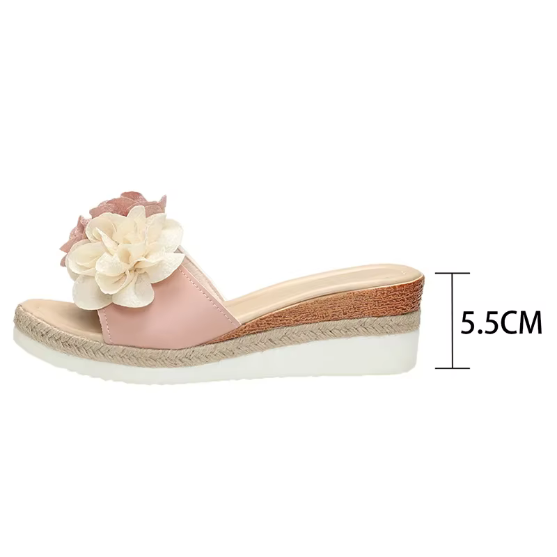 Pantoufles compensées à décor de fleurs roses pour femmes, chaussures de plage légères et antidérapa