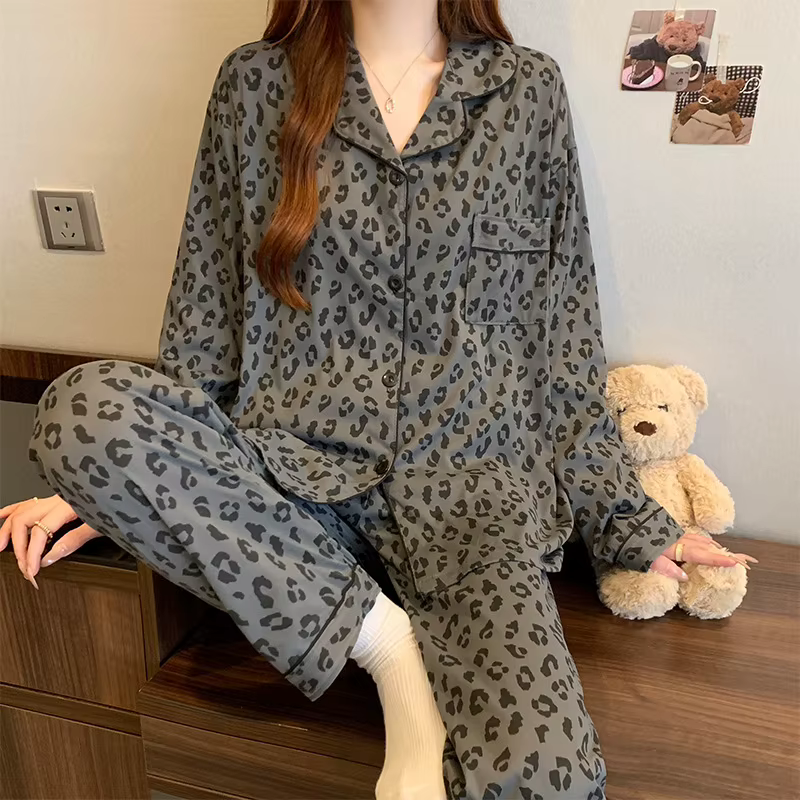 Pyjama imprimé léopard gris de Style coréen pour femmes, ensemble de vêtements de détente minimalist