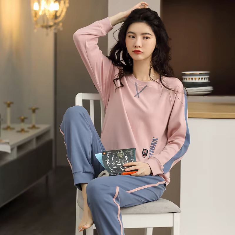 Vêtements de nuit en pur coton pour femmes, pyjamas de style sportif, vêtements d'intérieur à col ro