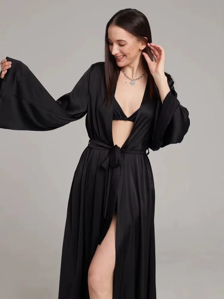 Robe de nuit en Satin blanc et noir pour femmes, Peignoir évasé à manches longues, Robe de mariée Se
