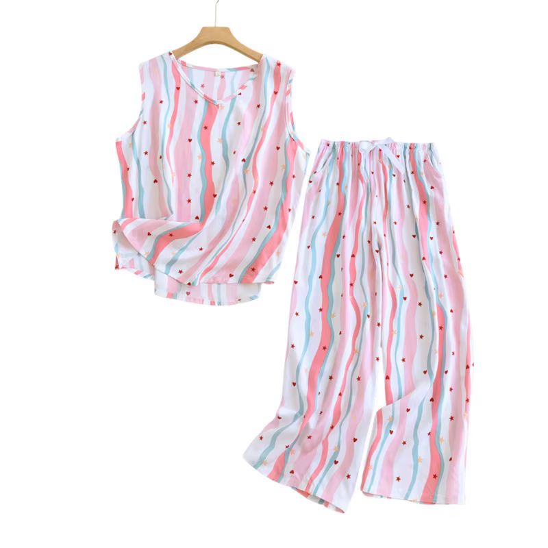 Ensemble pyjama 2 pièces en coton et Viscose pour femmes, haut fin sans manche avec pantalon court,