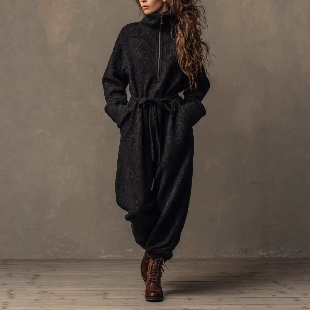 Femmes taille pull poches à glissière col montant sweat Leggings combinaisons Sashe pantalon ample à