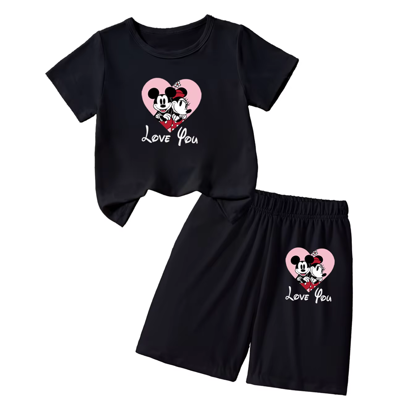 Pyjama 2 pièces pour femmes, haut à manches courtes et short imprimé dessin animé Disney Mickey et M