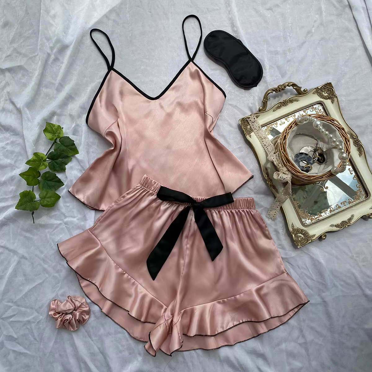 Ensemble pyjama en Satin avec short, 2 pièces, col en v, Lingerie confortable, tenue d'été