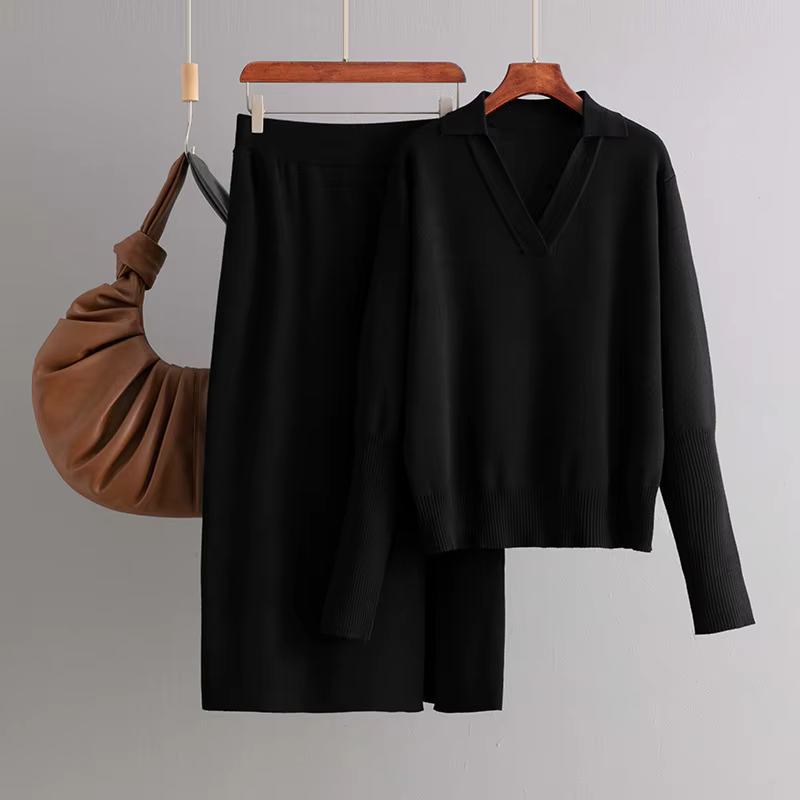 Ensemble 2 pièces tricoté pour femme, décontracté, tendance, couleur unie, élégant, ample, col rabat
