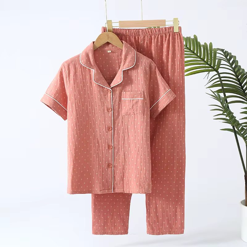 Ensemble pyjama en gaze 100% coton doux pour femmes, vêtements de nuit d'été respirants à pois, 2 pi
