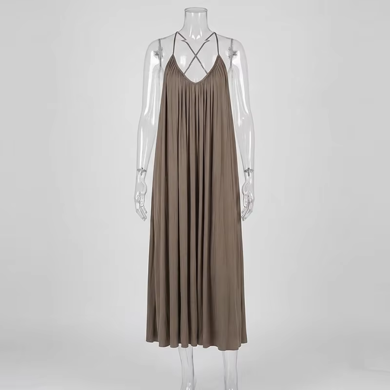 Robe longue sexy dos nu pour femme, couleur unie, coupe ample, sans manches, avec bretelles, pour la