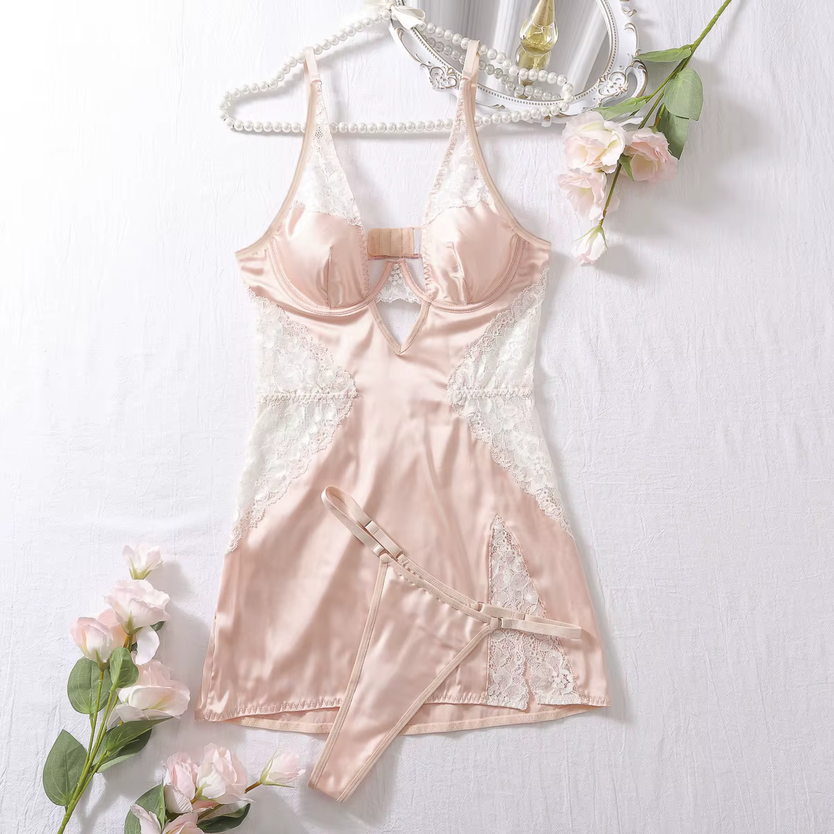 Ellolace Sexy col en V profond robe en Satin Lingerie Sexy dentelle Patchwork fendu Sissy robe de nu