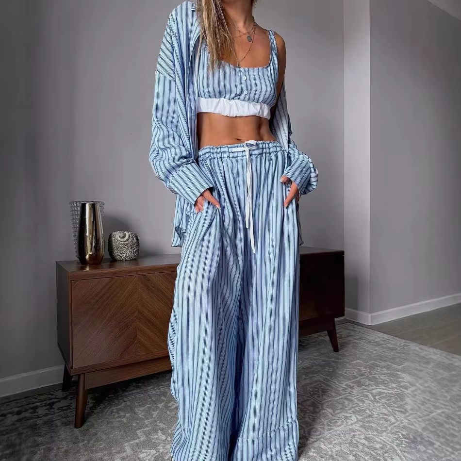 Pyjama trois pièces imprimé à rayures bleues, confortable, manches longues, pantalon, gilet, ensembl