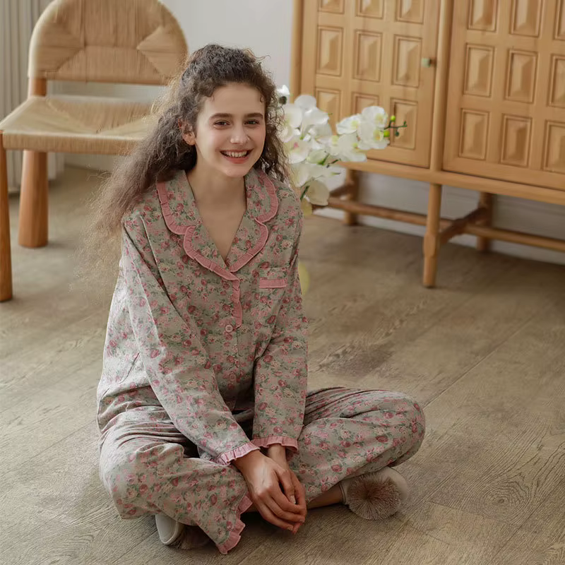 Cottagecore ensemble pyjama à fleurs pour femmes Vintage garniture à volants 100% coton doux à manch