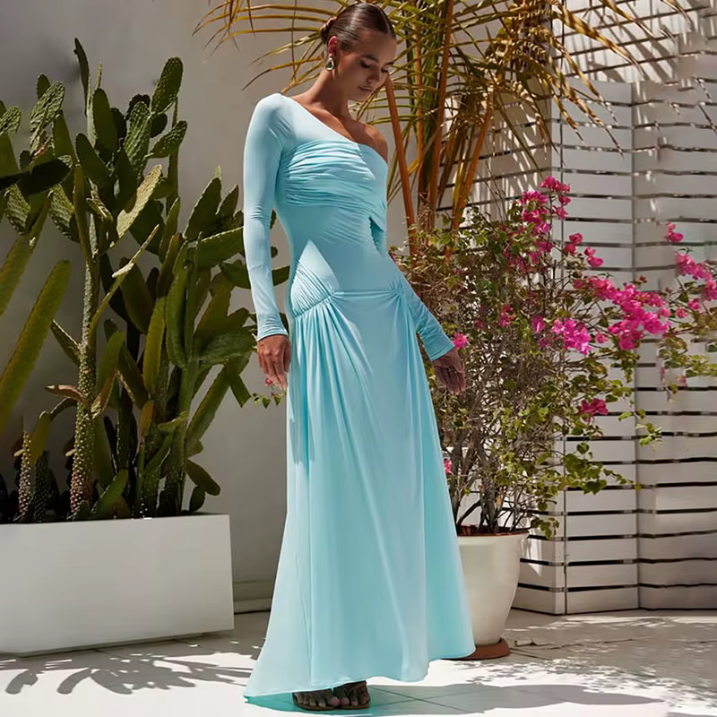 Robe longue à col incliné pour femmes, manches plissées, taille enveloppante, hanche, Slim, couleur 